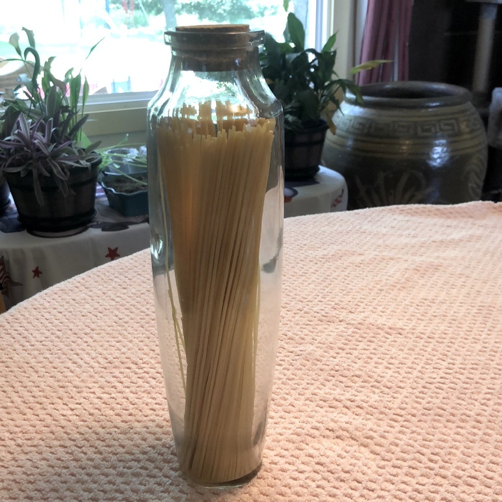 Decorative Glass Bottle Decanter with Cork 12x3”. Pasta not included.
